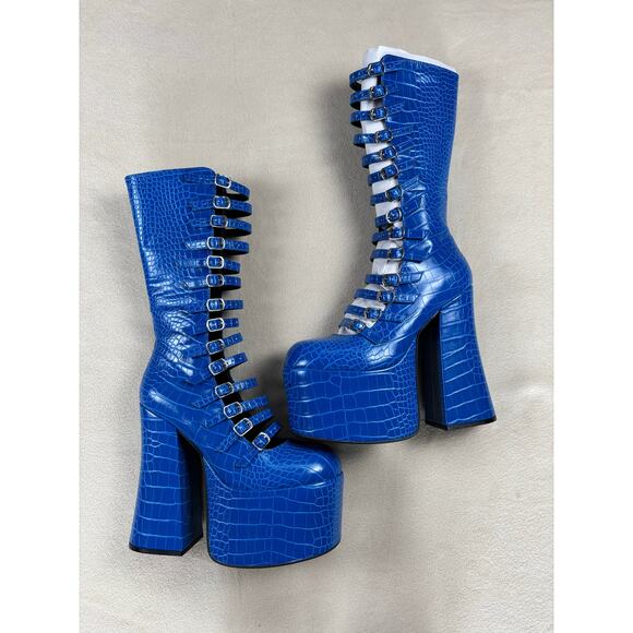 NWOB Dolls Kill Current Mood Hardcore Dazzle Platinum boots blue Sz 10 goth punk - Picture 2 of 10